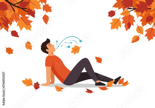 Fototapeta A young man practices 'Smart Breath Flow' outdoors amidst falling autumn leaves. He?s relaxed, breathing deeply, showcasing a mindful moment. Vibrant fall colors create a serene backdrop.