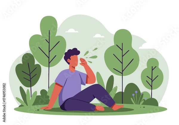 Fototapeta A young man sits outdoors, reacting to pollen with a sneeze. Lush green foliage forms a natural backdrop. Illustrative style, calming and refreshing.