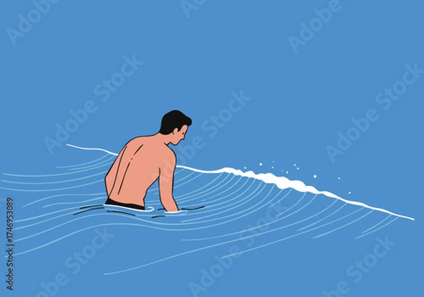 Fototapeta A man surfs a wave, enjoying a break. Simple, graphic style, vibrant blue background. Ideal for lifestyle and wellness visuals.