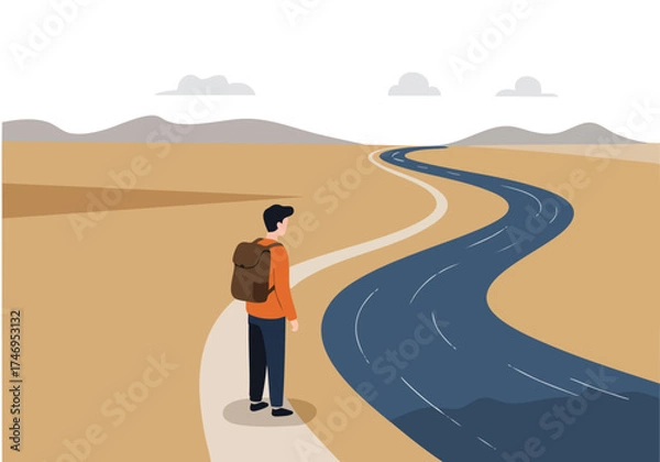 Fototapeta A young man walks along a winding path towards a river, contemplating the future. Scenic desert landscape, peaceful journey, hopeful outlook. Suitable for travel, adventure, and motivational themes.