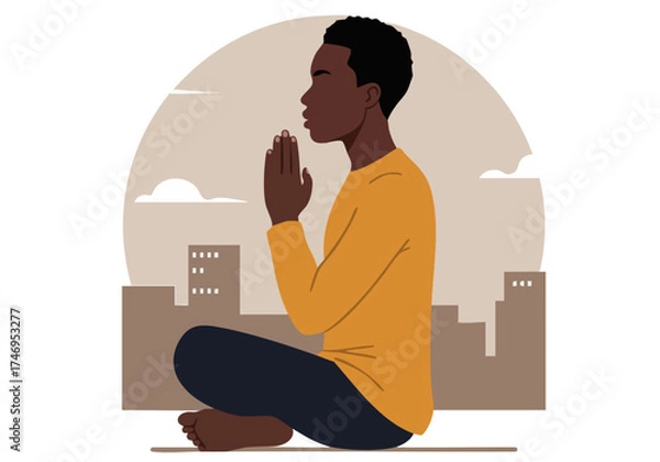 Fototapeta A serene Black man meditates outdoors, focusing on inner peace. He sits in a relaxed posture with hands folded, set against a cityscape backdrop.  Promotes mindfulness and calm.