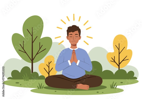 Fototapeta A serene man meditates outdoors, bathed in sunlight. He sits in a relaxed posture, palms together, conveying peace and mindfulness. A lush green background enhances the tranquil scene.