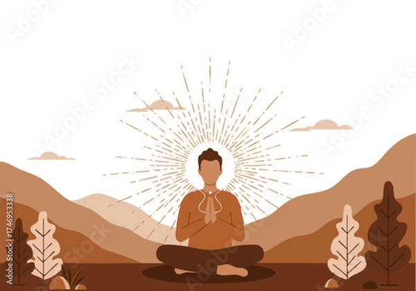Fototapeta A serene man meditates outdoors, bathed in warm energy. A peaceful landscape and radiant light create a sense of calm and wellbeing. Ideal for wellness and mindfulness themes.
