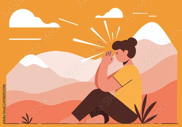 Fototapeta A serene woman kneels outdoors, meditating with a burst of light. Soft colors and a peaceful landscape create a calming visual.