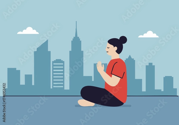 Fototapeta A serene woman meditates amidst a bustling city skyline, finding calm and balance. Soft colors and a minimalist style evoke tranquility.