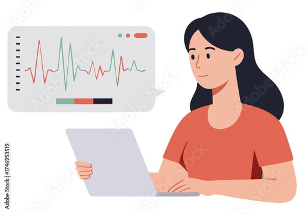 Fototapeta A young woman analyzes a heart rate graph on her laptop, conveying calm and focus. Modern illustration style with a soft color palette.