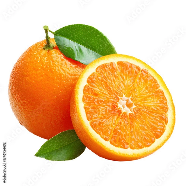 Fototapeta Fresh Juicy Orange Fruit Half and Whole Isolated on White Background
