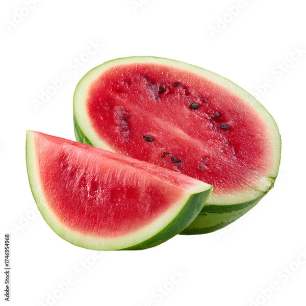 Fototapeta Fresh Juicy Watermelon Half with Slice Isolated on White Background