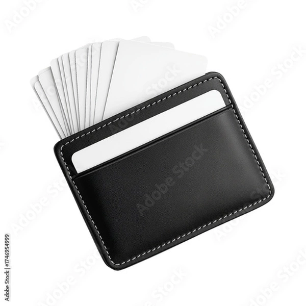 Fototapeta Black Leather Card Holder with White Cards isolated on a transparent background 1