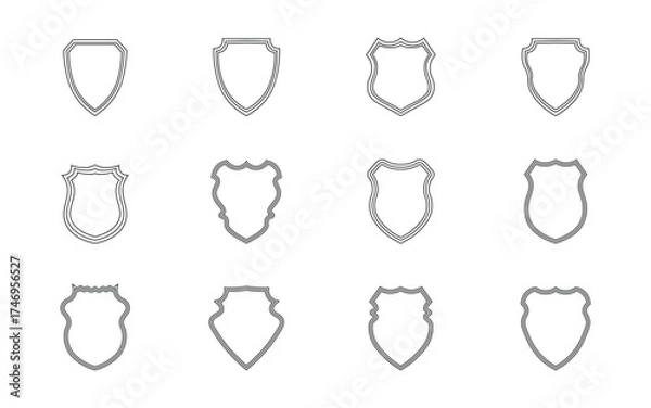 Fototapeta Set of blank shield three outline icons. Collection of simple heraldic badge shapes, black linear emblems of arms templates for logo, label, or security symbol design. Editable Stroke