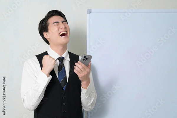 Obraz スマホを見て喜ぶ日本人男性