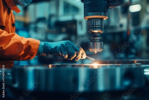 Fototapeta Technician's gloved hand performing precision work on a metal specimen, preparing it for quality analysis in an industrial setting