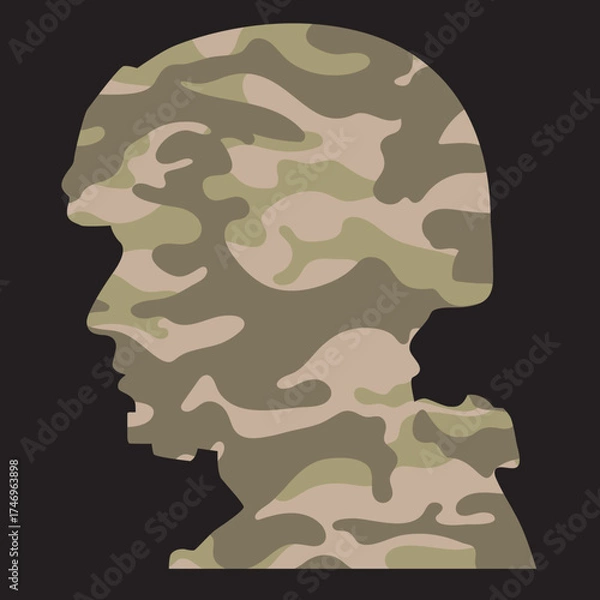 Fototapeta Army vector illustration, of silhouette of soldier in helmet with trendy style camo emphasizing military and strength