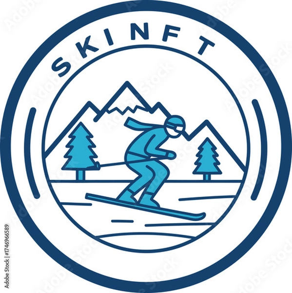 Obraz Skiing Silhouette Logo with Mountains and Trees