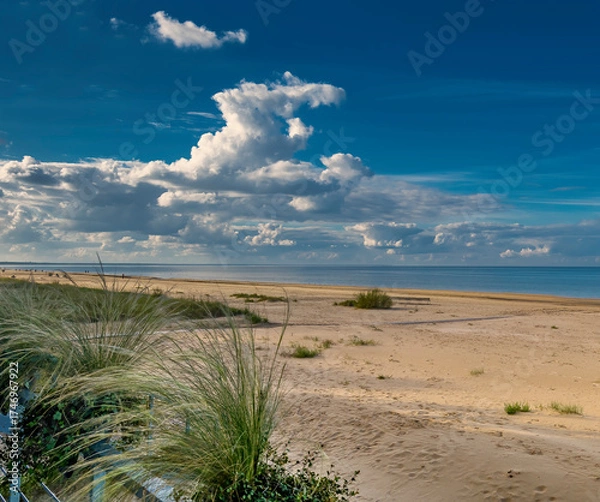 Fototapeta Sand dune and shore of the Baltic Sea, people walking and resting in ecologically clean, safety and healthy nature in Jurmala - famous tourist resort