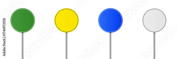 Obraz Traffic signs green, yellow, blue, white. Collection of blank green road sign or Empty traffic signs difference isolated on white background. illustration vector