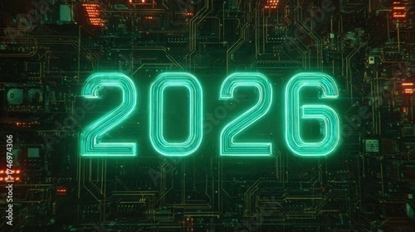 Fototapeta Digital Dawn of 2026: A luminous display reveals the year 2026, set against an intricate circuit board background, a vivid representation of future technological advancement.