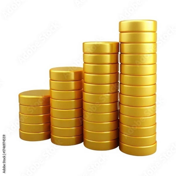 Fototapeta Four stacks of golden coins arranged in ascending height isolated on white background