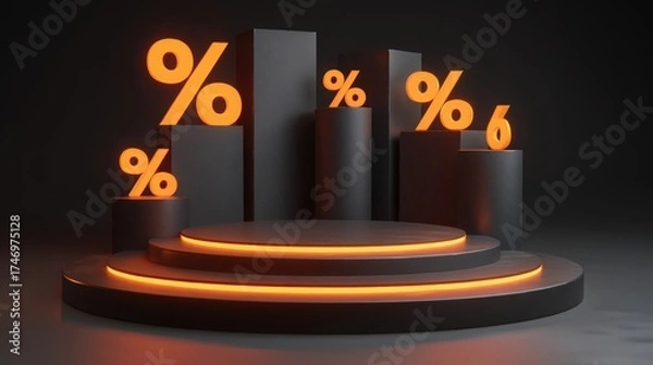 Fototapeta Financial Percentages on Stage: Illuminated percentage symbols are dramatically displayed on a sleek, multi-tiered stage, symbolizing financial gains, discounts, or rates in a modern, elegant design.