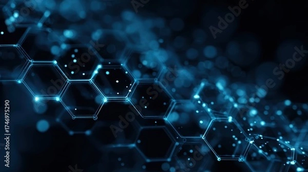 Fototapeta Connected Hexagons: A mesmerizing abstract composition showcases a network of interconnected hexagons, illuminated with vibrant blue light, suggesting concepts of technology and innovation. 