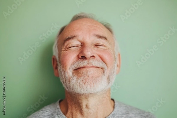 Fototapeta Happy older man with a white beard and gray hair, expressing joy and peacefulness against a mint green background