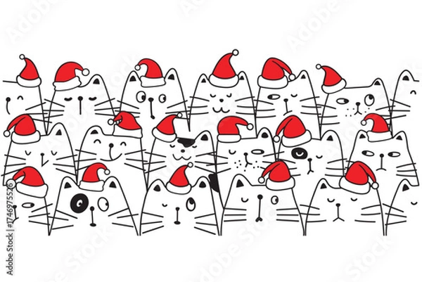 Fototapeta Christmas cats seamless pattern.