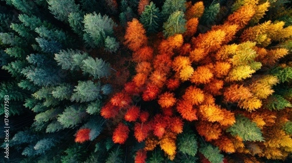 Fototapeta Forest Canopy's Kaleidoscope: An overhead perspective captures a mesmerizing display of nature's artistry. Vibrant foliage in an array of autumnal hues paints a breathtaking panorama.
