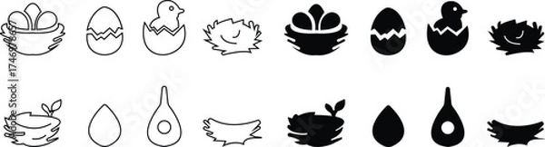 Fototapeta vectors of stylized bird nests with eggs and birds icon set, for logos and design elements, Eggs, Nature, Wildlife, Tree Branch, Shelter, Parenting, Animal Habitat, Environment, and Natural Care