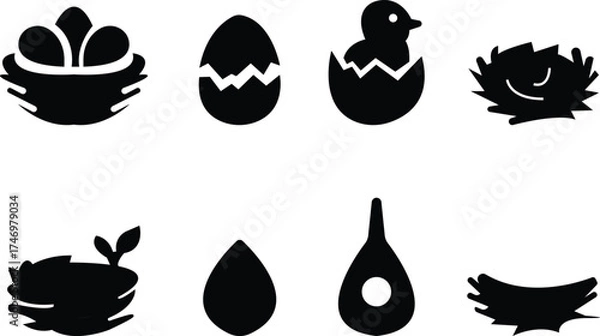 Fototapeta vectors of stylized bird nests with eggs and birds icon set, for logos and design elements, Eggs, Nature, Wildlife, Tree Branch, Shelter, Parenting, Animal Habitat, Environment, and Natural Care