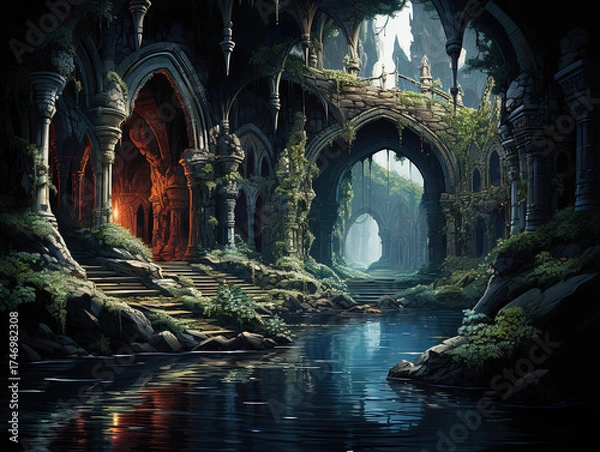 Obraz Watercolor Illustration of Caves with Stalactites Glimmering Like Chandeliers