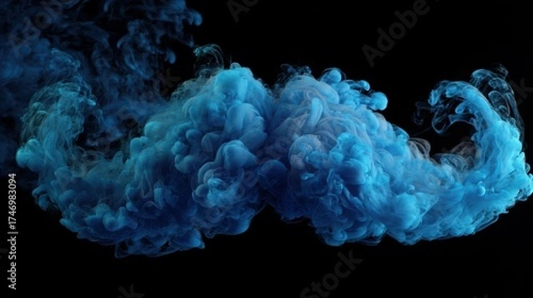 Fototapeta Azure Symphony: A mesmerizing display of swirling azure smoke dances gracefully against a stark, black backdrop, creating an abstract and visually captivating composition.