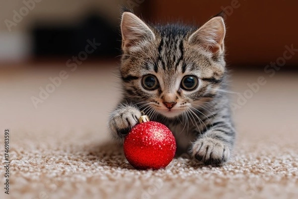 Obraz Kitten playing with red Christmas ball.