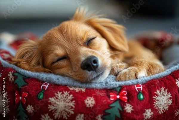 Obraz Dog sleeping on Christmas pillow.