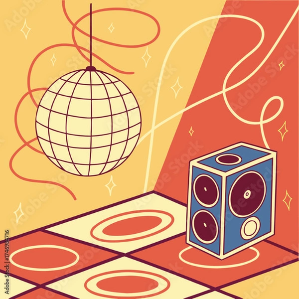 Fototapeta Vector art of disco ball and speaker