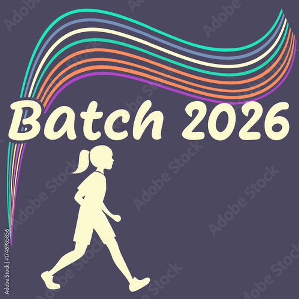 Fototapeta Vector art of girl silhouette with batch 2026 and colorful lines