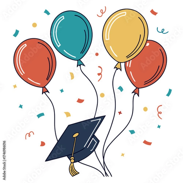Fototapeta Vector art of graduation cap with balloons