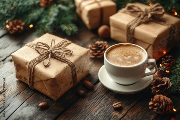 Obraz Gift box and coffee cup on table.