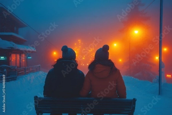 Obraz people sitting on a snow-covered bench.