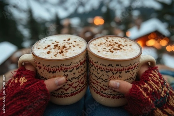 Obraz hands holding coffee mugs in snowy setting.