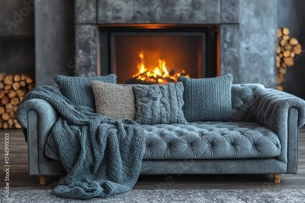 Obraz Blue couch with pillows and blankets in front of a fireplace