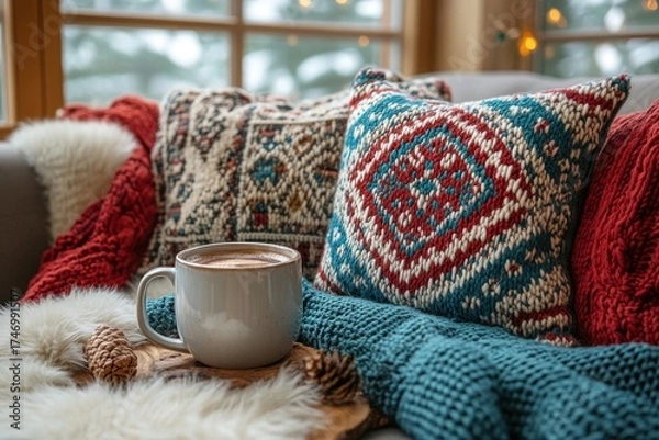 Obraz Coffee cup on couch with blanket.