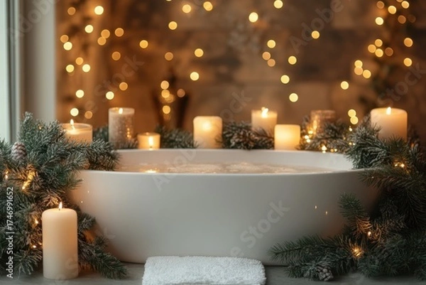 Obraz Bathtub adorned with candles and Christmas lights.