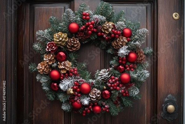 Obraz Christmas wreath adorning door.