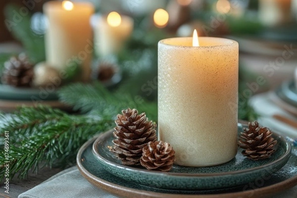 Obraz Candle on plate surrounded by pine cones.