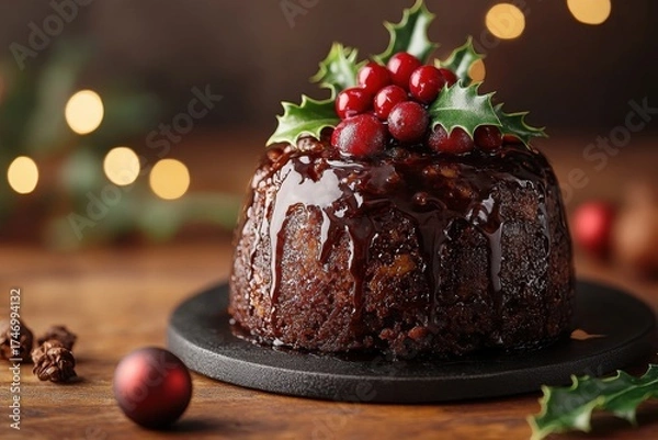 Obraz Chocolate-covered Christmas pudding topped with holly.