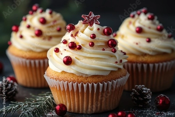 Obraz Cream-frosted cupcakes topped with cranberries.