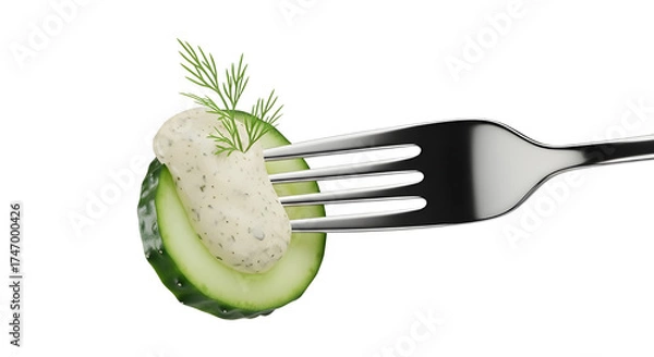 Obraz Healthy fresh cucumber snack with creamy yogurt dip and dill on a fork isolated PNG with Transparent Background