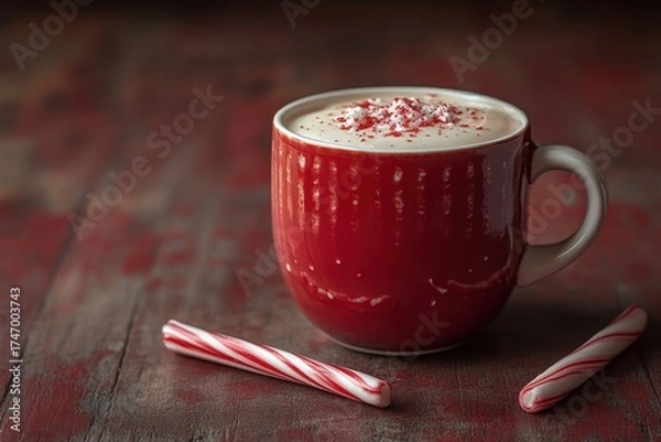 Obraz Red mug with candy cane atop it.