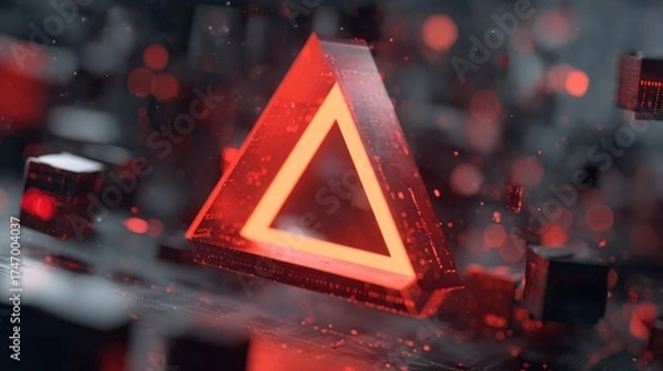 Fototapeta Glowing Triangle Amidst Floating Cubes in Digital Space