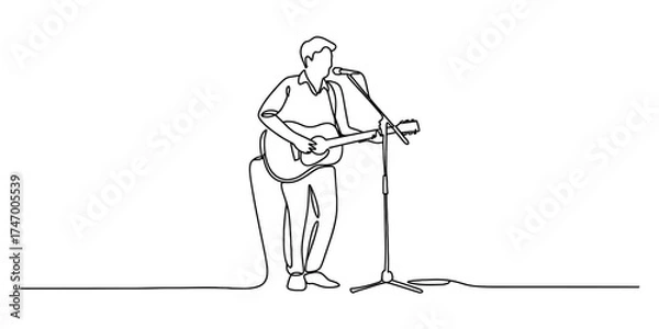 Obraz Elegant continuous line drawing of a musician playing guitar and singing into a microphone vector
